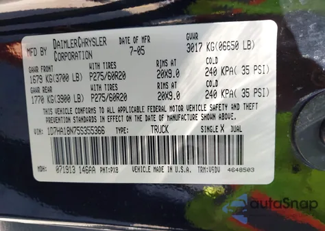 2005 Dodge Ram 1500 Slt/Laramie из США, поврежденный, VIN 1D7HA18N75S355366